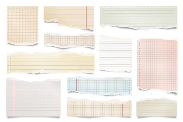 Tiras de papel rasgadas coloridas isoladas em fundo branco. Retalhos de papel forrado realista com bordas rasgadas. Notas pegajosas, pedaços de páginas de cadernos. Ilustração vetorial. — Vetor de Stock