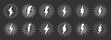 Klasik yıldırımlar ve güneş ışınları. Güneş patlaması etkisi olan yıldırımlar. Şimşek, elektrik şoku işareti. Vektör illüstrasyonu.