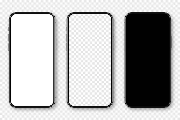 Smartphone realista con pantalla táctil en blanco sobre fondo a cuadros. Teléfono móvil sin marco en vista frontal. maqueta de dispositivo detallado de alta calidad. Ilustración vectorial. — Vector de stock