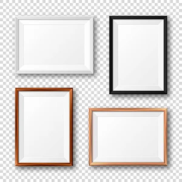 Реалистичные черно-белые и деревянные рамки изображения с тенью на клетчатом фоне. Макет пустого плаката. Пустой фотокадр. Векторная иллюстрация. — стоковый вектор