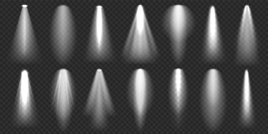 Spotlights koleksiyonu. Parlak ışık huzmesi. Şeffaf gerçekçi etki. Sahne ışıklandırması. Parlayan ışık ışınları. Vektör illüstrasyonu.