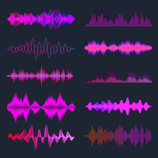 Colorful sound waves collection. Analog and digital audio signal. Music equalizer. Interference voice recording. High frequency radio wave. Vector illustration. — Stock Vector
