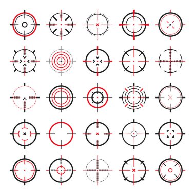 Crosshair, silah görüş vektör simgeleri. Tam isabet, siyah hedef ya da nişan sembolü. Askeri tüfek dürbünü, işaret fişeği. Nişan alıyorum, nişan alıyorum. Okçuluk, avcılık ve spor atıcılığı. Oyun UI ögesi.