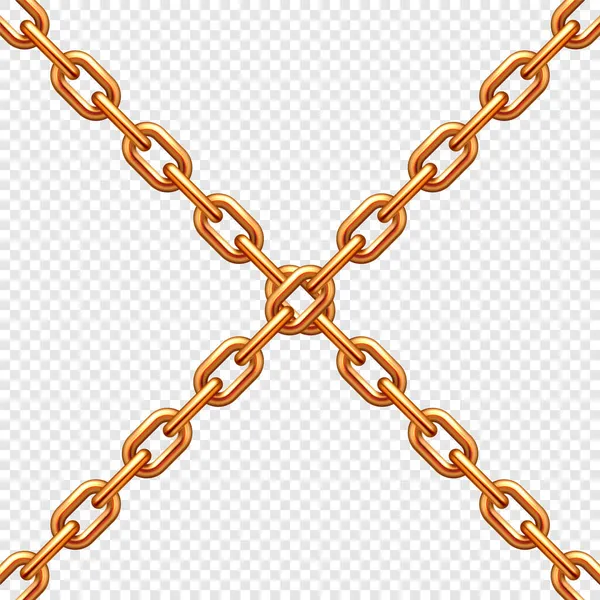 Realistic crossing metal chains with bronze links on transparent background. Vector illustration. — Stock Vector