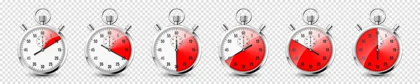 Realistyczne klasyczne ikony stopera. Błyszczący metalowy chronometr, licznik czasu z tarczą. Czerwony licznik pokazuje minuty i sekundy. Pomiar czasu dla sportu, start i meta. Ilustracja wektora — Wektor stockowy