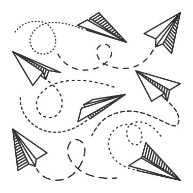 Çeşitli el yapımı kağıt uçaklar. Noktalı çizgili siyah karalama uçakları. Uçak ikonu, basit monokrom düzlem siluetleri. Taslak, çizgi sanatı. Vektör illüstrasyonu.