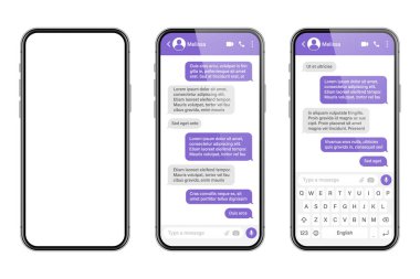 Mesajlaşma uygulaması olan gerçekçi bir akıllı telefon. SMS metin çerçevesi. Menekşe mesaj baloncukları ve yer tutucu metin ile sohbet ekranı. Sosyal medya uygulaması. Vektör illüstrasyonu.