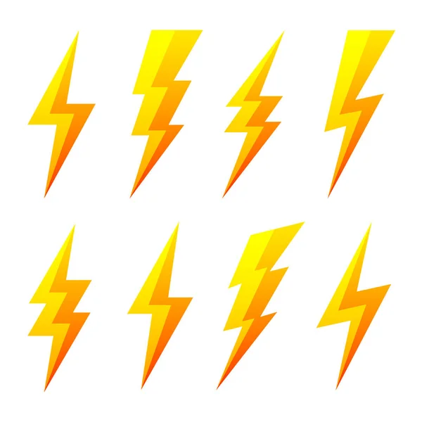 Yellow lightning bolt icons isolated on white background. Flash symbol, thunderbolt. Simple lightning strike sign. Vector illustration. — Stock Vector