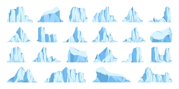 Colección de icebergs flotantes. Glaciar ártico a la deriva, bloque de agua congelada del océano. Montañas heladas con nieve. Derretimiento del pico de hielo. Paisaje nevado antártico. Polo Sur y Polo Norte. Ilustración vectorial. — Archivo Imágenes Vectoriales