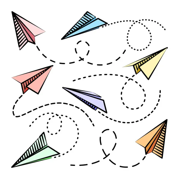 Vari piani di carta disegnati a mano. Aeroplani scarabocchi colorati con linea di rotta tratteggiata. Icona dell'aereo, silhouette semplici dell'aereo. Outline, line art. Illustrazione vettoriale. — Vettoriale Stock