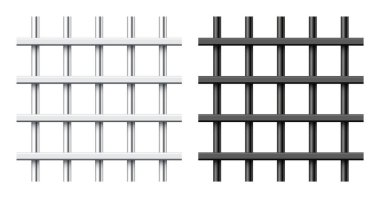 Beyaz arka planda izole edilmiş gerçekçi siyah ve gümüş metal hapishane parmaklıkları. Detaylı hapishane kafesi, demir parmaklıklar. Sabıka kaydı. Yaratıcı vektör illüstrasyonu.