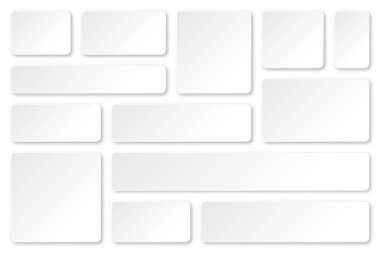 Beyaz arka planda gölgeli boş kağıt pankartlar. Yapıştırıcı etiketler, yuvarlak köşeli etiketler. Vektör illüstrasyonu.