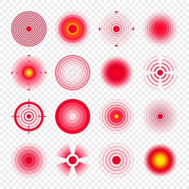 Ağrı yerelleştirme izleri. Ağrılı bölge, ağrılı nokta. Kırmızı daireler, hedefler. Baş ağrısı, çürük vücut parçaları. Sırt, boyun, kas ağrısı sembolü. Sağlık hizmeti reklamı, tıbbi bilgiler. Vektör illüstrasyonu.