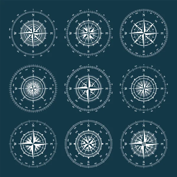 Rose des vents marine vintage, carte marine. Compas de navigation monochrome avec des directions cardinales du nord, est, sud, ouest et degrés. Position géographique, cartographie et navigation. — Image vectorielle