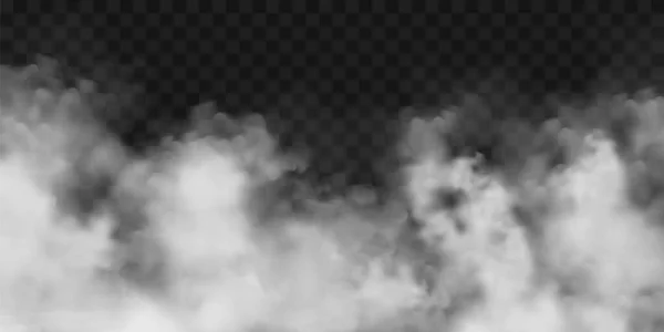 Niebla realista, efecto niebla. Humo sobre fondo oscuro. Vector de vapor en el aire, flujo de vapor. Nubes. — Vector de stock