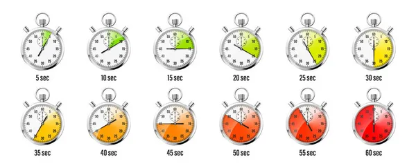 Realistiska klassiska stoppur ikoner. Glänsande metallkronometer, tidsräknare med urtavla. Röd nedräkningstimer visar minuter och sekunder. Tidmätning för sport, start och mål. Vektorillustration — Stock vektor