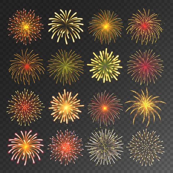 Színes ünnepi tűzijáték gyűjtemény. Reális sárga tűzijáték, szikrázó tűz. Robbanó petárdás rakéták. Karácsonykor vagy szilveszterkor. Vektorillusztráció. — Stock Vector