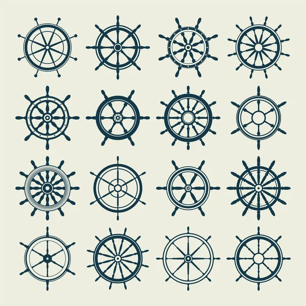 Insamling av vintage rattar. Skepp, yacht retro hjul symbol. Nautisk roderikon. Marint designelement. Vektorillustration — Stock vektor