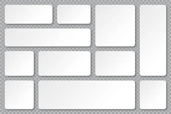 Uppsättning tomma pappersbanderoller med skuggor på transparent bakgrund. Klistermärken, etiketter med rundade hörn. Vektorillustration. — Stock vektor