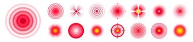 Ağrı yerelleştirme izleri. Ağrılı bölge, ağrılı nokta. Kırmızı daireler, hedefler. Baş ağrısı, çürük vücut parçaları. Sırt, boyun, kas ağrısı sembolü. Sağlık hizmeti reklamı, tıbbi bilgiler. Vektör illüstrasyonu.