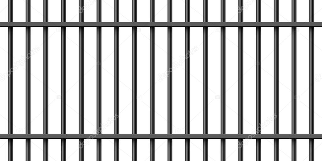 Black realistic metal prison bars isolated on white background. Detailed jail cage, prison iron fence. Criminal background mockup. Creative vector illustration.