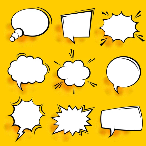 Blank comic speech bubbles with halftone shadows on yellow background. Hand drawn retro cartoon stickers. Pop art style. Vector illustration. — Stock Vector