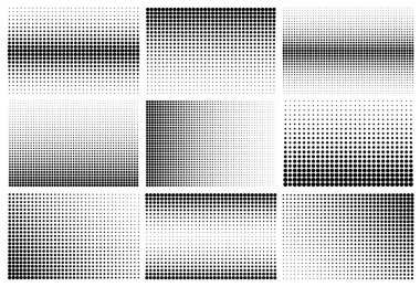 Beyaz arka planda siyah noktalı yarı ton tasarım elementleri. Çizgi roman noktalı desen. Vektör illüstrasyonu.