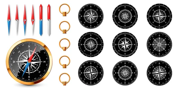 Realistic golden vintage compass with marine wind rose and cardinal directions of North, East, South, West. Shiny metal navigational compass. Cartography and navigation. Vector illustration. — Stock Vector