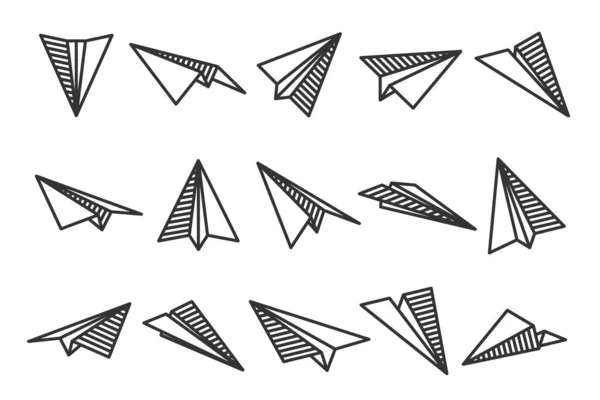 Różne ręcznie rysowane papierowe samoloty. Samoloty z czarnymi bazgrołami. Ikona samolotów, proste monochromatyczne sylwetki samolotów. Zarys, rysunek sztuki. Ilustracja wektora. — Wektor stockowy