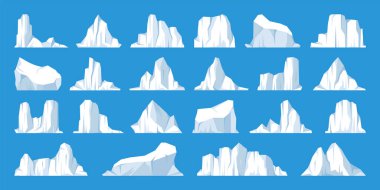 Yüzen buzdağları koleksiyonu. Sürüklenen kutup buzulu, donmuş okyanus suyu bloğu. Karlı buzlu dağlar. Eriyen buz zirvesi. Antarktika karlı manzarası. Güney ve Kuzey Kutbu. Vektör illüstrasyonu.