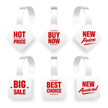 Süpermarket tanıtım sallantıları beyaz arka planda izole edilmiş. Rafların reklamını yapmak için gerçekçi bir şablon. Reklam metniyle indirimli veya indirimli etiket. Özel fiyat etiketi. Vektör illüstrasyonu.