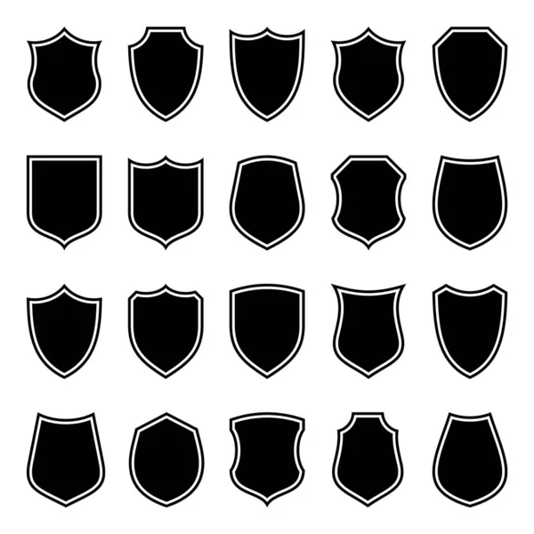 Set van verschillende vintage shield iconen. Zwart geschetst heraldische schilden. Beschermings- en veiligheidssymbool, etiket. Vectorillustratie. — Stockvector