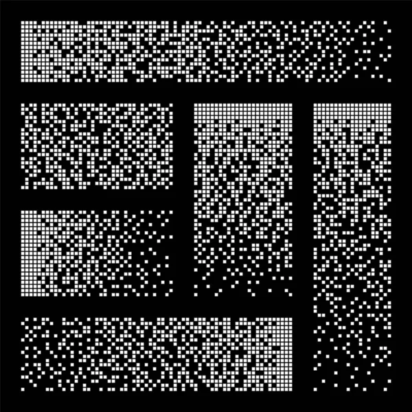 Pixel desintegratie, verval effect. Verschillende rechthoekige elementen gemaakt van vierkante vormen. Verspreid gestippeld patroon. Mozaïektextuur met eenvoudige deeltjes. Vectorillustratie. — Stockvector