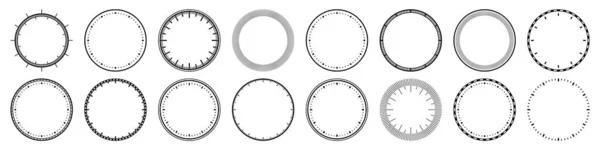 Mechanical clock faces, bezel. Watch dial with minute and hour marks. Timer or stopwatch element. Blank measuring circle scale with divisions. Vector illustration. — Stock Vector