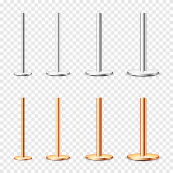 실제 금속 기둥들은 투명 한 배경에 분리되어 있다. 다양 한 직경의 휘황찬란 한 청동 과 강철 파이프. 빌보드나 광고 깃발이 올라가는 것, 보유자. 벡터 일러스트. — 스톡 벡터