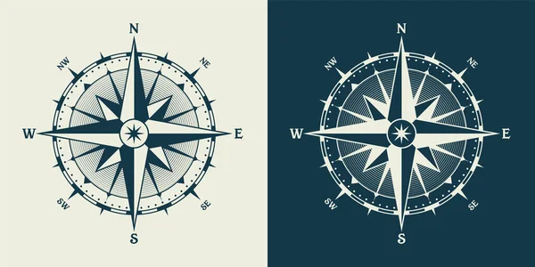 Rosa dei venti marina d'epoca, carta nautica. Bussola di navigazione monocromatica con direzioni cardinali di Nord, Est, Sud, Ovest. Posizione geografica, cartografia e navigazione. Illustrazione vettoriale. — Vettoriale Stock