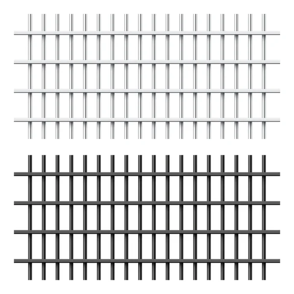 Realistische Gitterstäbe aus schwarzem und silbernem Metall isoliert auf weißem Hintergrund. Detaillierter Gefängniskäfig, Gefängniseiserner Zaun. Vorgetäuschter krimineller Hintergrund. Kreative Vektorillustration. — Stockvektor