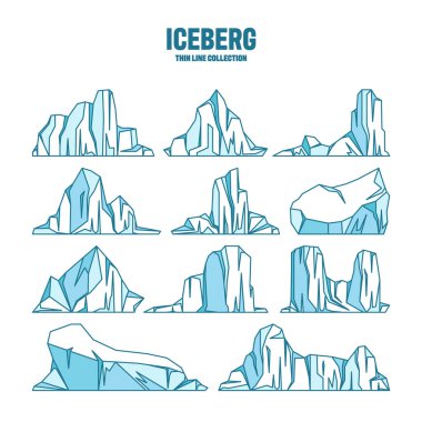 Floating icebergs sketch collection. Drifting arctic glacier, block of frozen ocean water. Icy mountains with snow. Melting ice peak. Antarctic snowy landscape. Outline drawing. Vector illustration. clipart