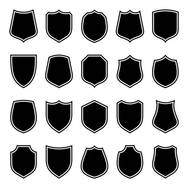 Set van verschillende vintage shield iconen. Zwart geschetst heraldische schilden. Beschermings- en veiligheidssymbool, etiket. Vectorillustratie. — Stockvector