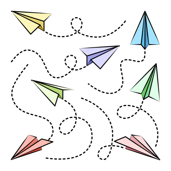 Varios planos de papel dibujados a mano. Coloridos aviones doodle con línea de ruta punteada. Icono de avión, siluetas planas simples. Esquema, línea de arte. Ilustración vectorial. — Vector de stock