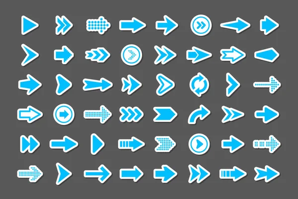 Kleurrijke pijlstickers ingesteld. Blauwe cursor pictogrammen, wijzers collectie. Eenvoudige pijlen in verschillende vormen. Vervolgens, achterste webtekens. Vectorillustratie. — Stockvector