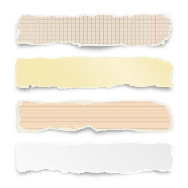 Bandes de papier coloré déchiré isolé sur fond blanc. Des restes de papier froissés réalistes avec des bords déchirés. Morceaux doublés de pages de cahier. Illustration vectorielle. — Image vectorielle