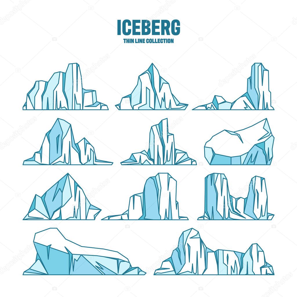 Floating icebergs sketch collection. Drifting arctic glacier, block of frozen ocean water. Icy mountains with snow. Melting ice peak. Antarctic snowy landscape. Outline drawing. Vector illustration.