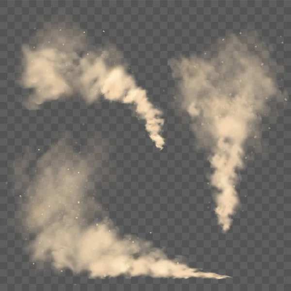 Realistische Staubwolken. Sandsturm auf der Straße. Verschmutzte braune Luft mit Schmutzpartikeln, Smog. Luft, Umweltverschmutzung. Vektordesign-Element. — Stockvektor