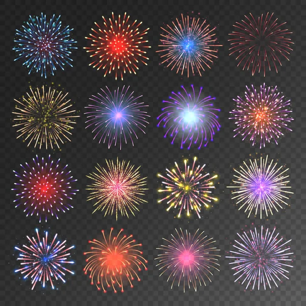 Farbenfrohes Festfeuerwerk. Realistisches Feuerwerk, funkelndes Feuer. Berstende Böllerraketen. Weihnachten oder Neujahr feiern. Vektorillustration. — Stockvektor