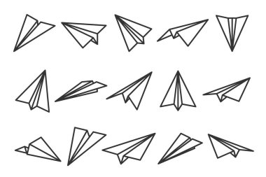 Çeşitli el yapımı kağıt uçaklar. Kara karalama uçakları. Uçak ikonu, basit monokrom düzlem siluetleri. Taslak, çizgi sanatı. Vektör illüstrasyonu.