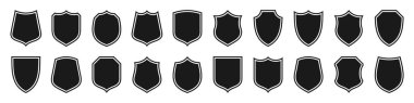 Çeşitli klasik kalkan simgeleri seti. Siyah çizgili kraliyet kalkanları. Koruma ve güvenlik sembolü, etiket. Vektör illüstrasyonu.