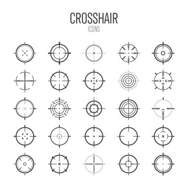 Crosshair, silah görüş vektör simgeleri. Tam isabet, siyah hedef ya da nişan sembolü. Askeri tüfek dürbünü, işaret fişeği. Nişan alıyorum, nişan alıyorum. Okçuluk, avcılık ve spor atıcılığı. Oyun UI ögesi.