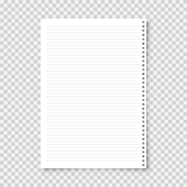Şeffaf arkaplanda A4 formatında, gerçekçi, boş, kağıttan bir sayfa. Defter sayfası, belge. Tasarım şablonu veya maketi. Vektör illüstrasyonu.