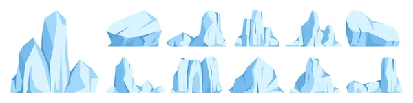 Colección de icebergs flotantes. Glaciar ártico a la deriva, bloque de agua congelada del océano. Montañas heladas con nieve. Derretimiento del pico de hielo. Paisaje nevado antártico. Polo Sur y Polo Norte. Ilustración vectorial. — Archivo Imágenes Vectoriales